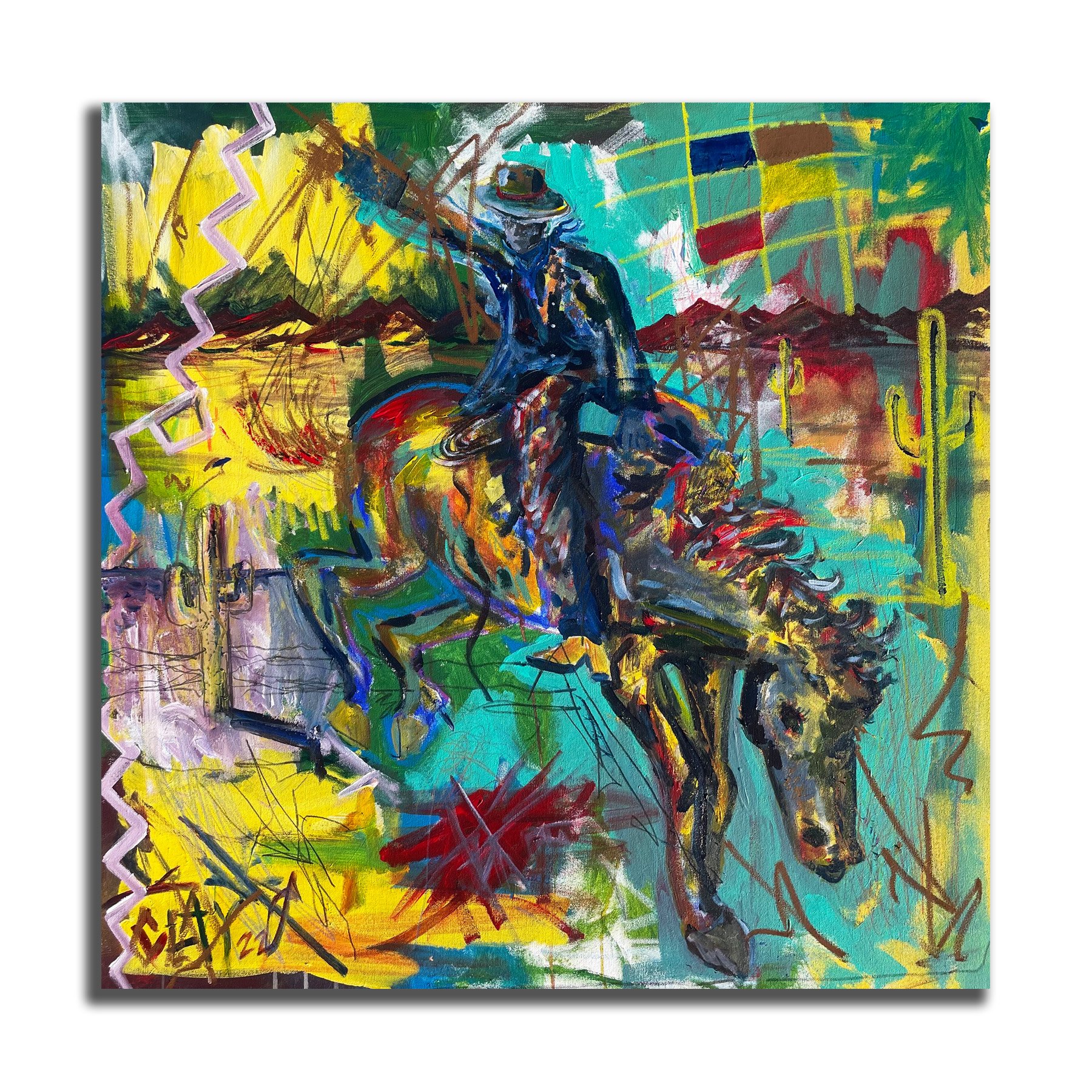 Painting of a rider at dusk
